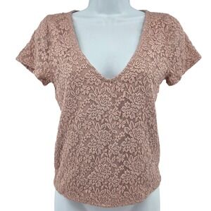 Abercrombie & Fitch Pink Floral Lace V-Neck Short Sleeve Top M Balletcore Boho‎